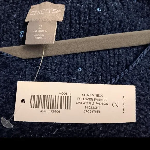 Chico's Midnight Sequin V-Neck Pullover Fashion Sweater in Size 2/Large. NEW - Picture 2 of 4